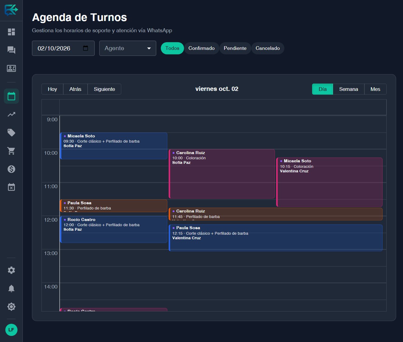 Agenda de turnos de Kifi en modo oscuro